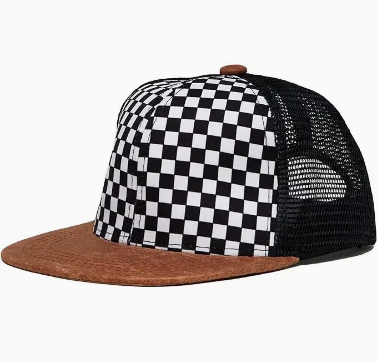 Flat Brim Trucker Hat - Checker/Faux Leather Brim